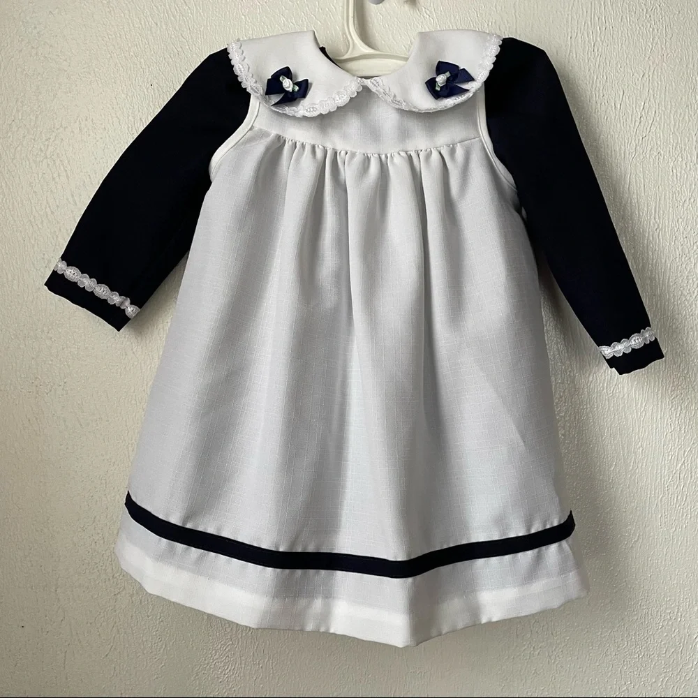 Vintage Rare Editions Girls White/Navy Blue Long Sleeve Apron Bib Dress Sz 3T